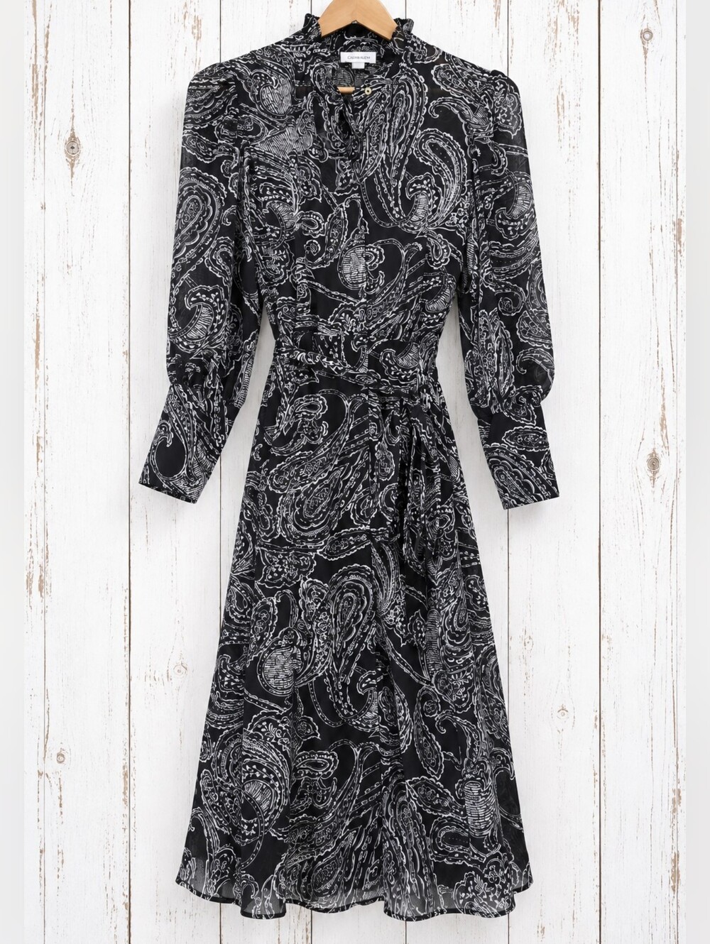 Calvin Klein Black & White Chiffon Paisley Long Sleeve Fit & Flare Dress Size 8